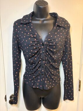 Maeve by Anthropologie Ruched Button-Down Collared Top Polka Dot Sz Small
